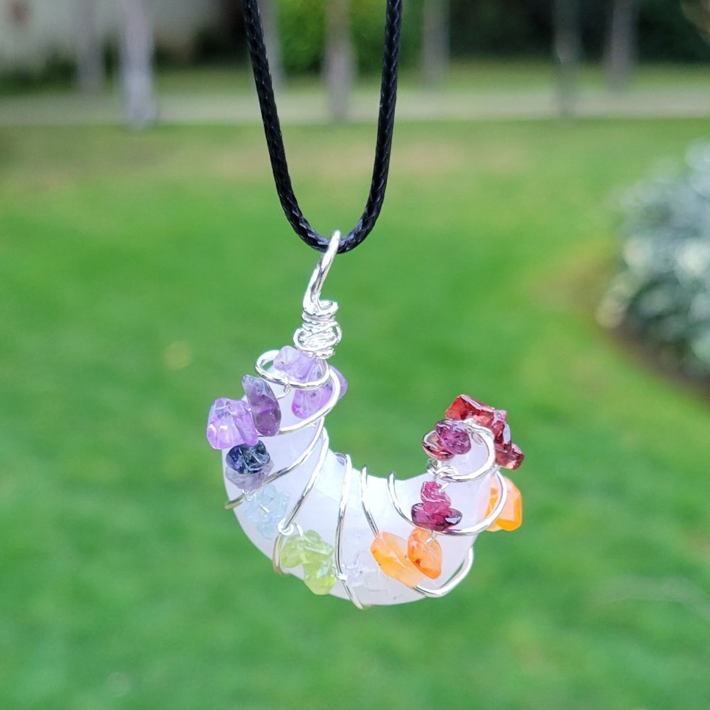 White Agate Crescent Moon 7 Chakra Pendant